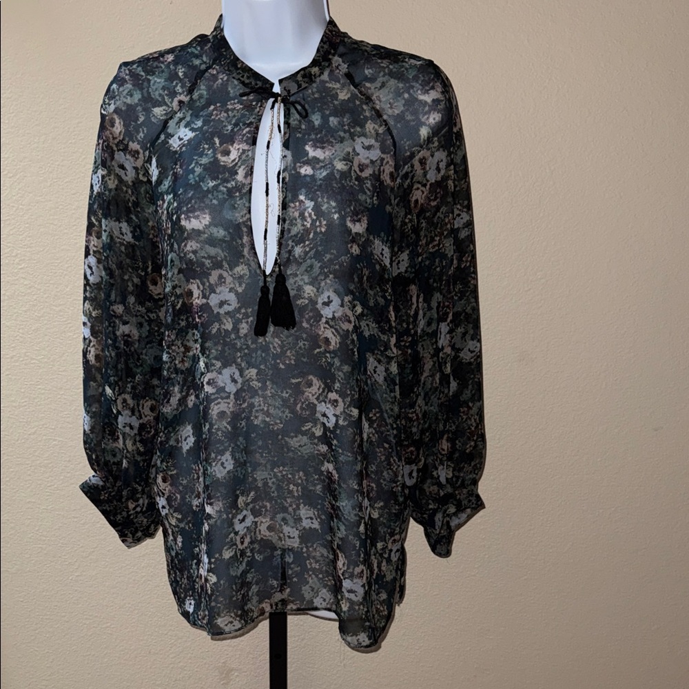 Zara Woman Sheer Black Multi-color Floral Long Sleeve Blouse with Tassels Sz XS